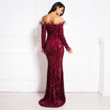 Load image into Gallery viewer, Feather Velvet Mermaid Party Maxi Dress