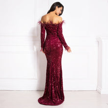 Load image into Gallery viewer, Feather Velvet Mermaid Party Maxi Dress
