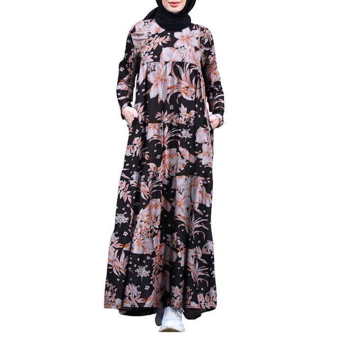 Fashionable Flower Print O-Neck Maxi Dress