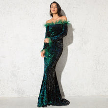 Load image into Gallery viewer, Feather Velvet Mermaid Party Maxi Dress
